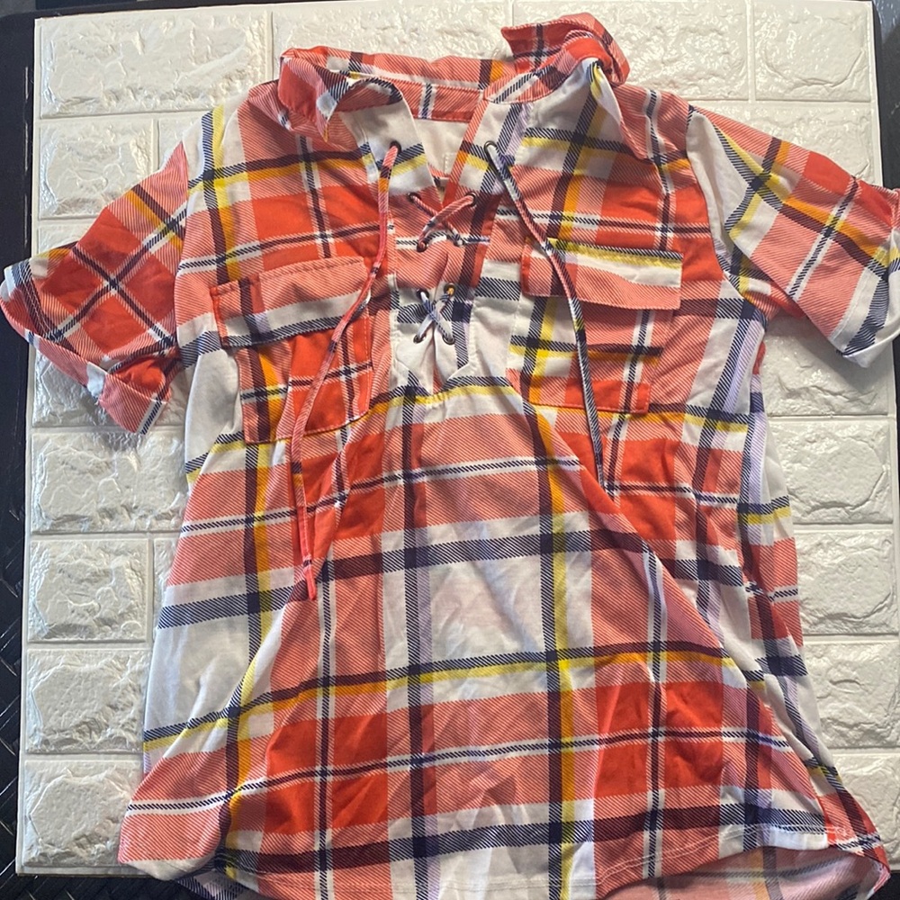 Plaid quarter sleeve T-shirt